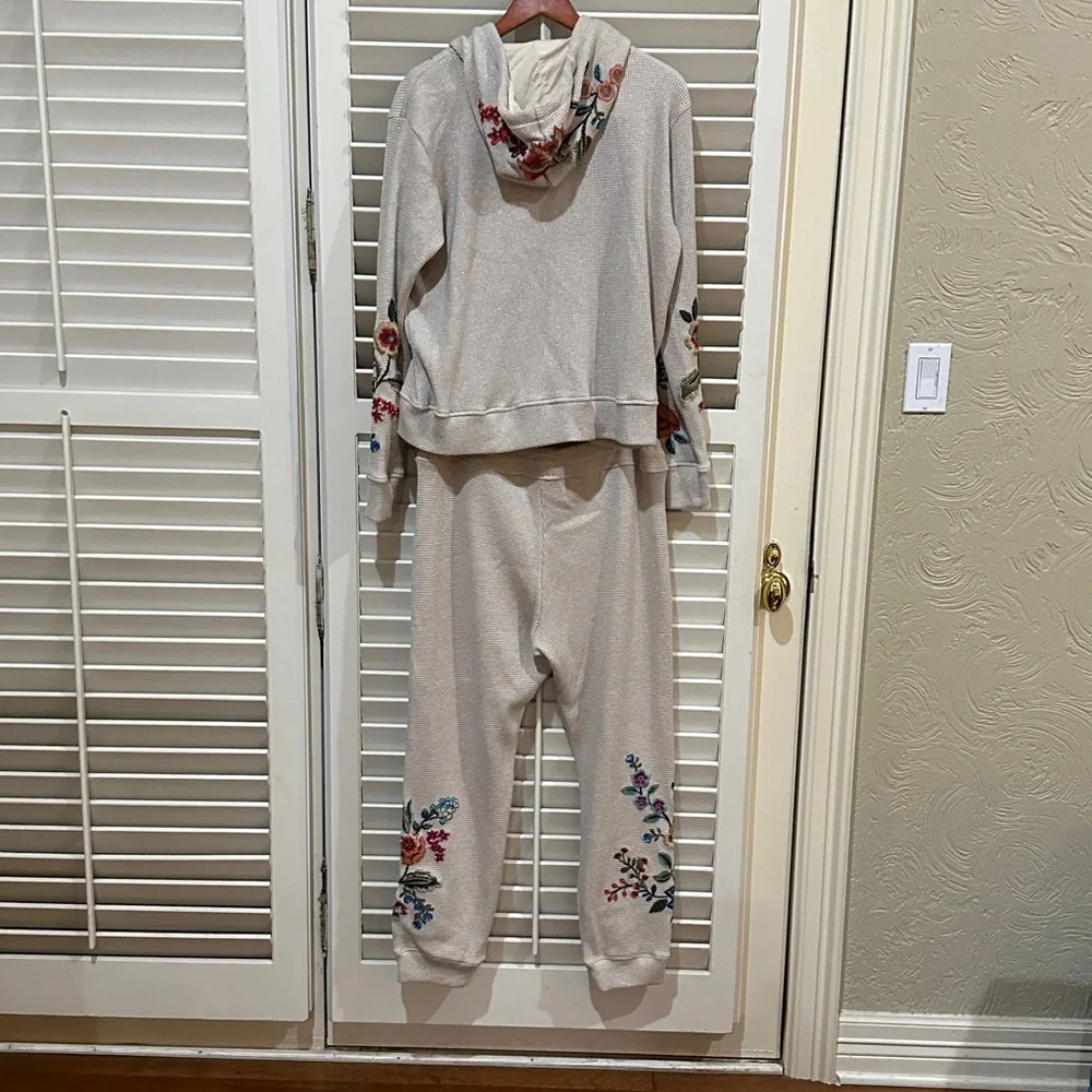 Johnny Was Cream Hoodie and Joggers Set with Multicolor Floral Embroidery - Picture 2 of 5